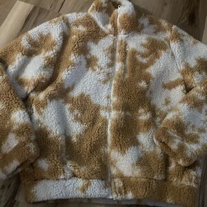 Betsey Johnson Cozy Teddy Fleece Cow print Jacket Tan Size S